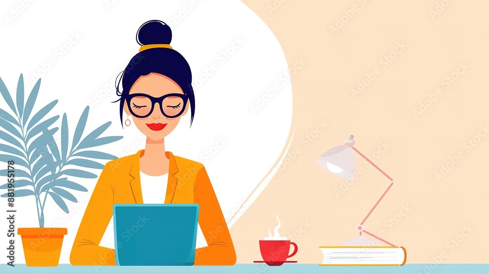 Woman working on laptop in home office with a cup of coffee Woman working on laptop in home office with a cup of coffee