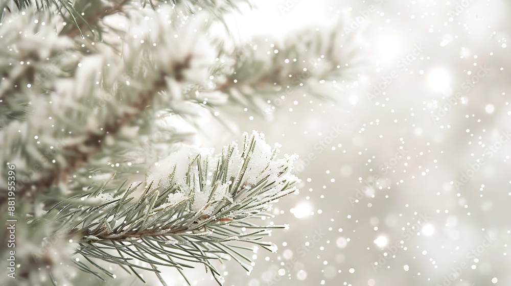 Serene Winter Wonderland - Macro Shot of Fresh Snowflakes on Pine Needles with High Contrast on White Background Serene Winter Wonderland - Macro Shot of Fresh Snowflakes on Pine Needles with High Contrast on White Background