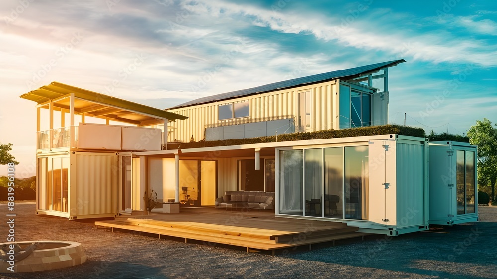 Modern shipping container home near lake in sunny day, sustainable eco-friendly tiny house Modern shipping container home near lake in sunny day, sustainable eco-friendly tiny house