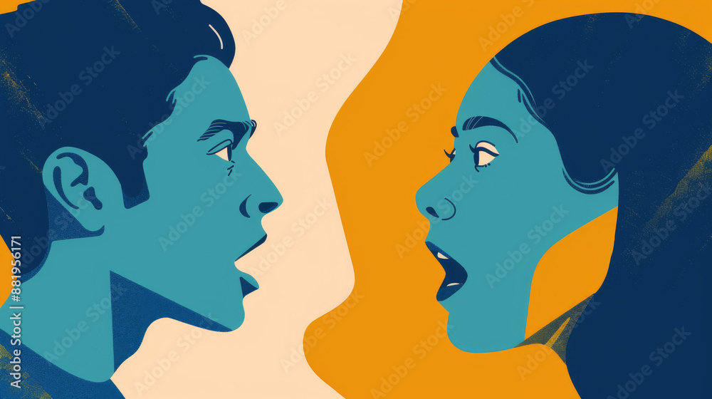 illustration of two people, one blue and one yellow, facing each other in an intense conversation. The expressive art style, animated discussion on a contrasting orange background, arguing illustration of two people, one blue and one yellow, facing each other in an intense conversation. The expressive art style, animated discussion on a contrasting orange background, arguing