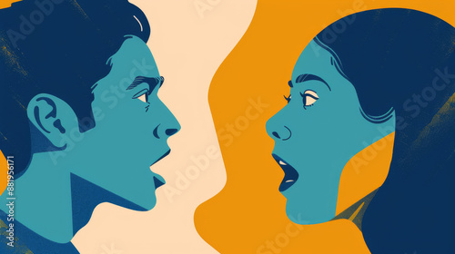 illustration of two people, one blue and one yellow, facing each other in an intense conversation. The expressive art style, animated discussion on a contrasting orange background, arguing 