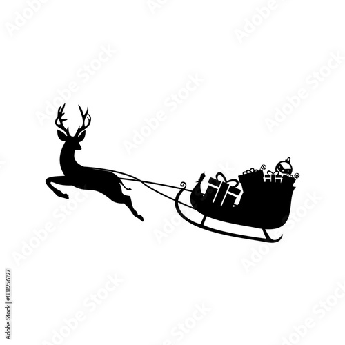 Silhouette of santa claus train and reindeer with gift box