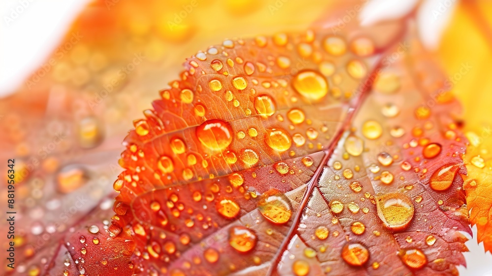 Enchanting Macro View of Autumn Leaves with Dewdrops on White Background, High Contrast Image with Copy Space Enchanting Macro View of Autumn Leaves with Dewdrops on White Background, High Contrast Image with Copy Space