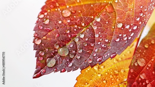 Tranquil Fall Beauty - Macro Shot of Dewy Autumn Leaves on White Background with Copy Space