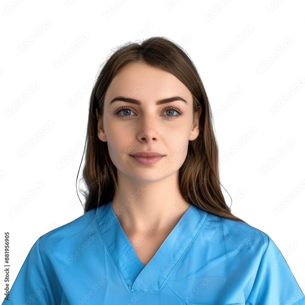 Female health care worker in a blue uniform smiling at camera. Transparent background or PNG file. Female health care worker in a blue uniform smiling at camera. Transparent background or PNG file.