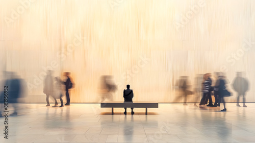 Young man sitting on bench while people are passing by in a hurry