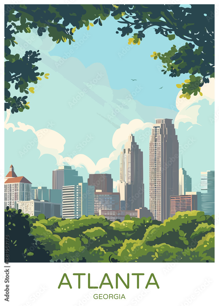Atlanta Cityscape Georgia Poster Illustration Travel Print Decor Gift Paper Canvas Wall Retro Art