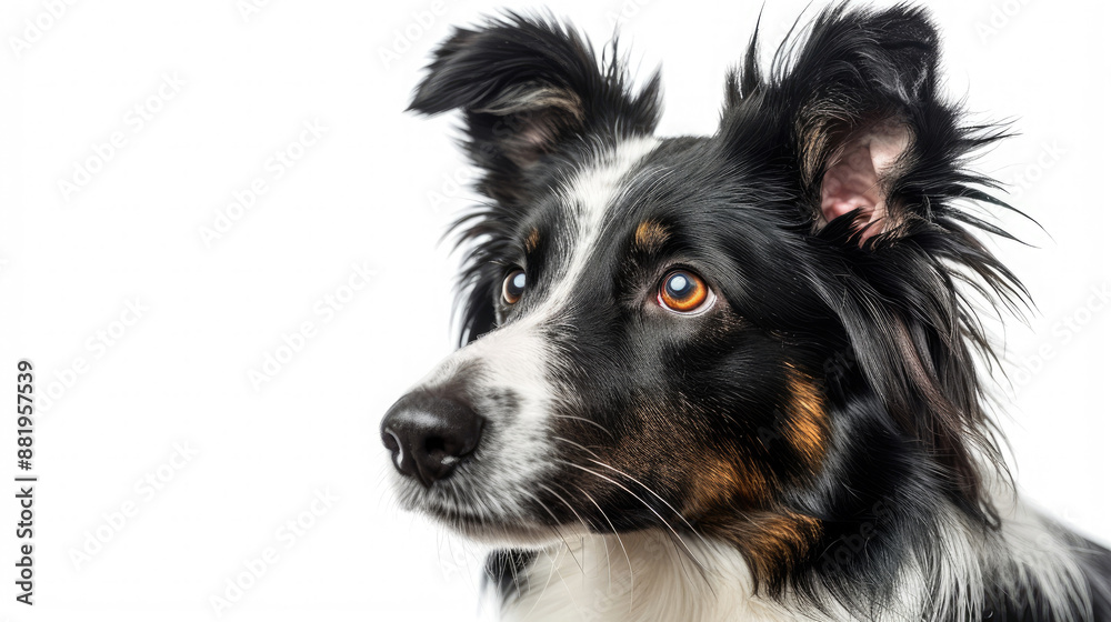 Close-up portrait view of adorable Border Collie dog head and face looking from side view isolated on white background Close-up portrait view of adorable Border Collie dog head and face looking from side view isolated on white background