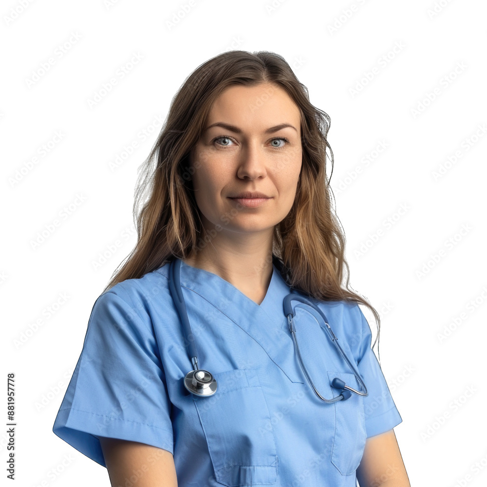 Female health care worker in a blue uniform smiling at camera. Transparent background or PNG file. Female health care worker in a blue uniform smiling at camera. Transparent background or PNG file.