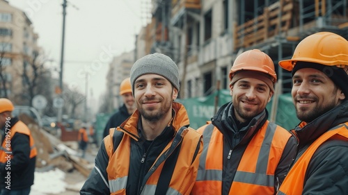 group of smiling construction workers wearing safety vests and helmets, standing on a city street near at a construction site in an urban area