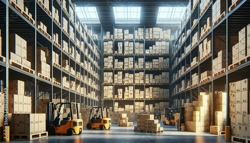 A large, well-organized warehouse filled with stacked boxes on high shelves, illuminated by natural light from skylights, with several forklifts in operation, creating a busy atmosphere.