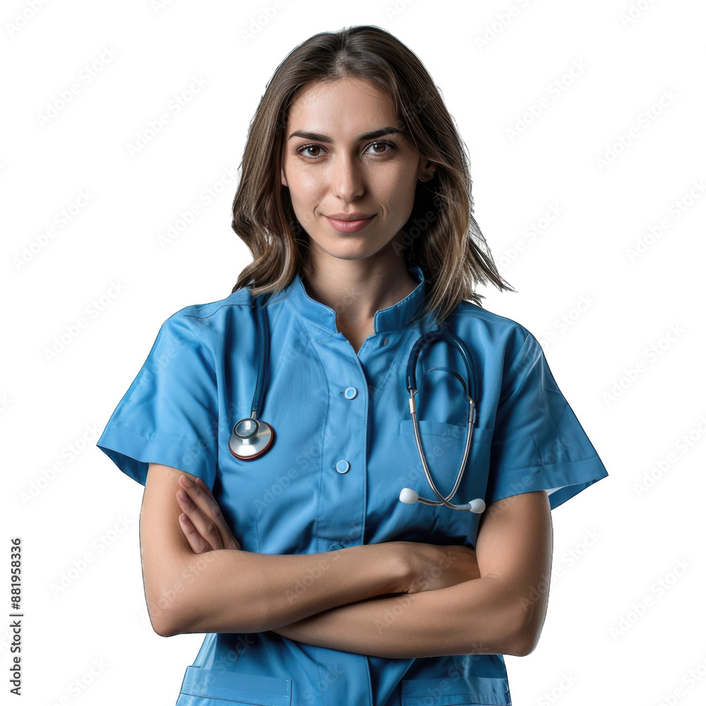 Female health care worker in a blue uniform smiling at camera. Transparent background or PNG file. Female health care worker in a blue uniform smiling at camera. Transparent background or PNG file.