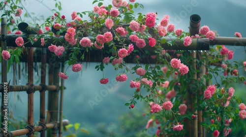 Pink Rosa cania flowers climbing on bamboo gate in Lung Van Hoa Binh Viet Nam photo