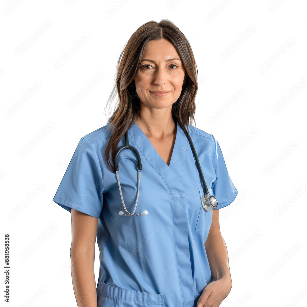 Female health care worker in a blue uniform smiling at camera. Transparent background or PNG file. Female health care worker in a blue uniform smiling at camera. Transparent background or PNG file.