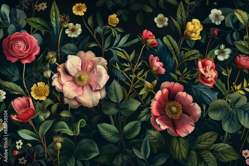 Blooming Flowers in a Dark Garden