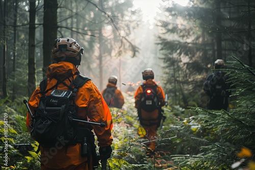 Search and rescue team members in orange gear traverse a dense forest, equipped with backpacks and search tools. Generative AI
