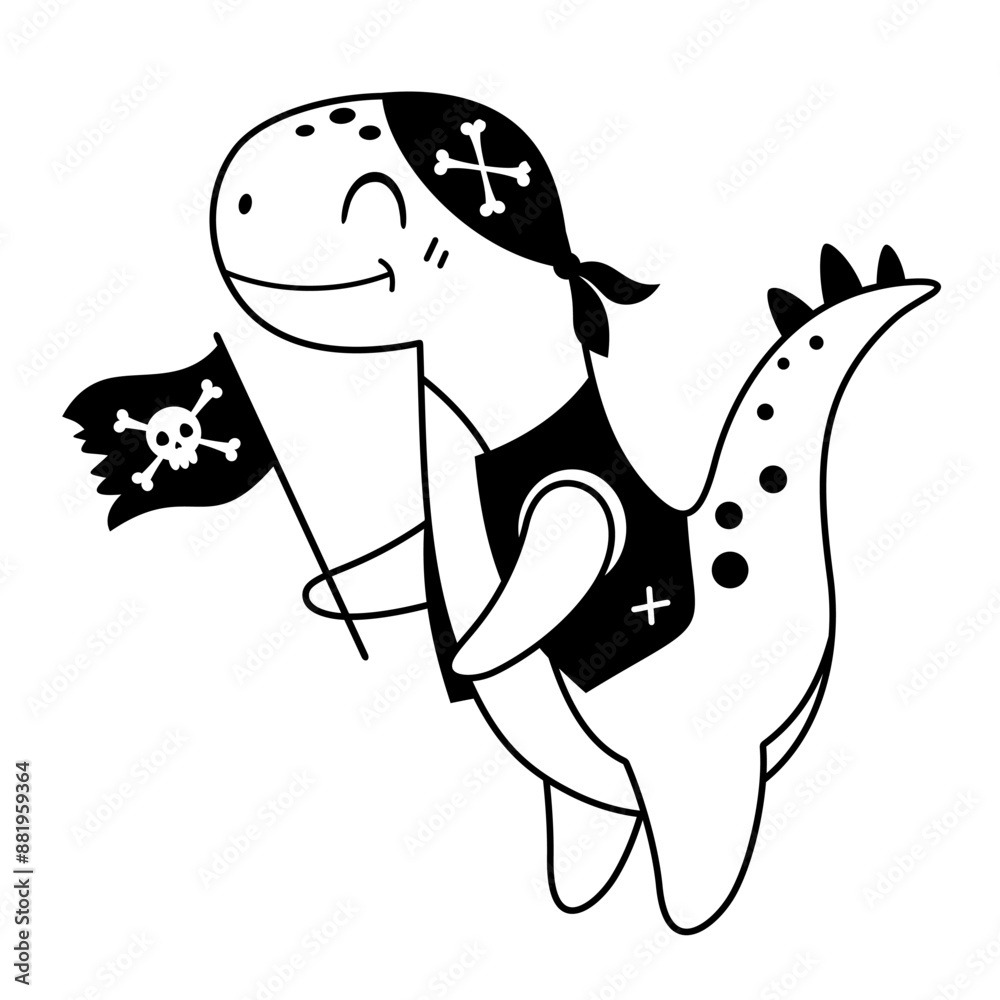 Naklejka premium Black and white pirate clipart. Pirate dinosaur clipart. Dinosaur in cartoon flat style. Hand drawn vector illustration.