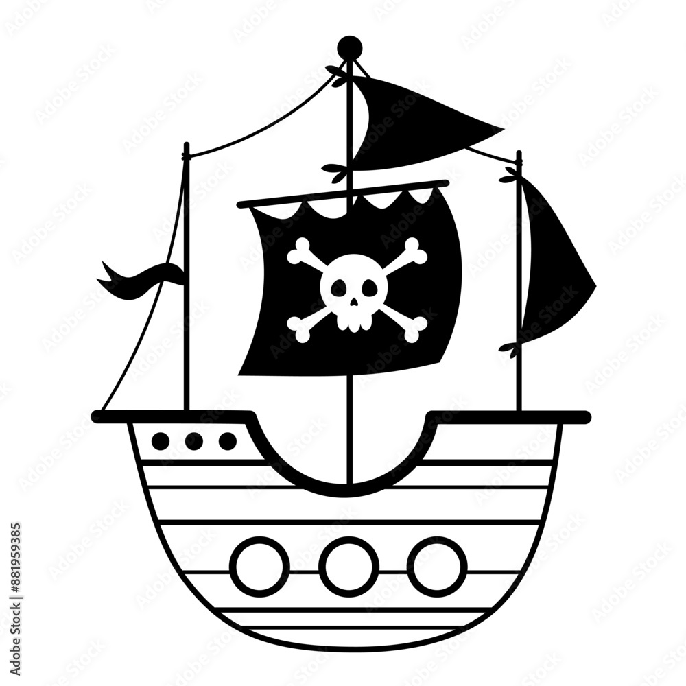 Black and white pirate clipart. Pirate ship clipart in cartoon flat ...