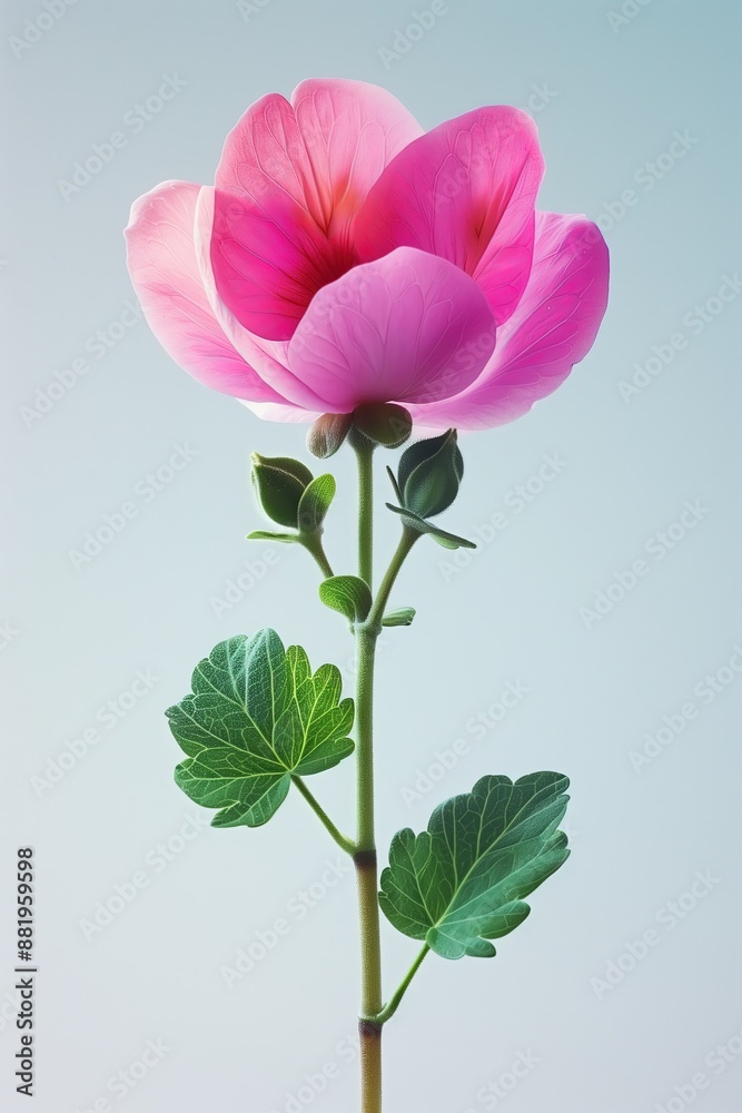 Pink Flower with Green Leaves on Light Blue Background
Pink Flower with Green Leaves on Light Blue Background