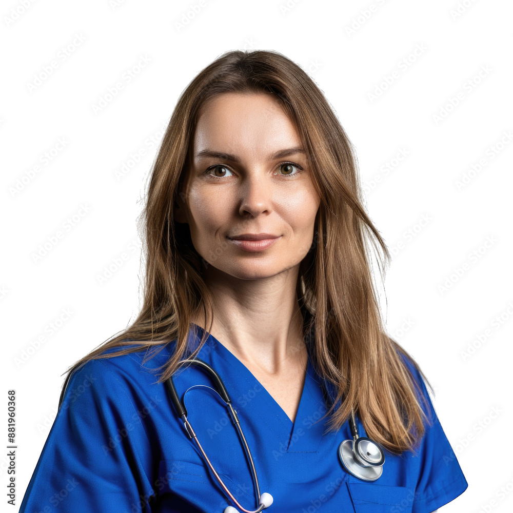 Female health care worker in a blue uniform smiling at camera. Transparent background or PNG file. Female health care worker in a blue uniform smiling at camera. Transparent background or PNG file.