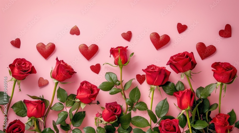 Red roses flowers and hearts scattered in a pink background Red roses flowers and hearts scattered in a pink background