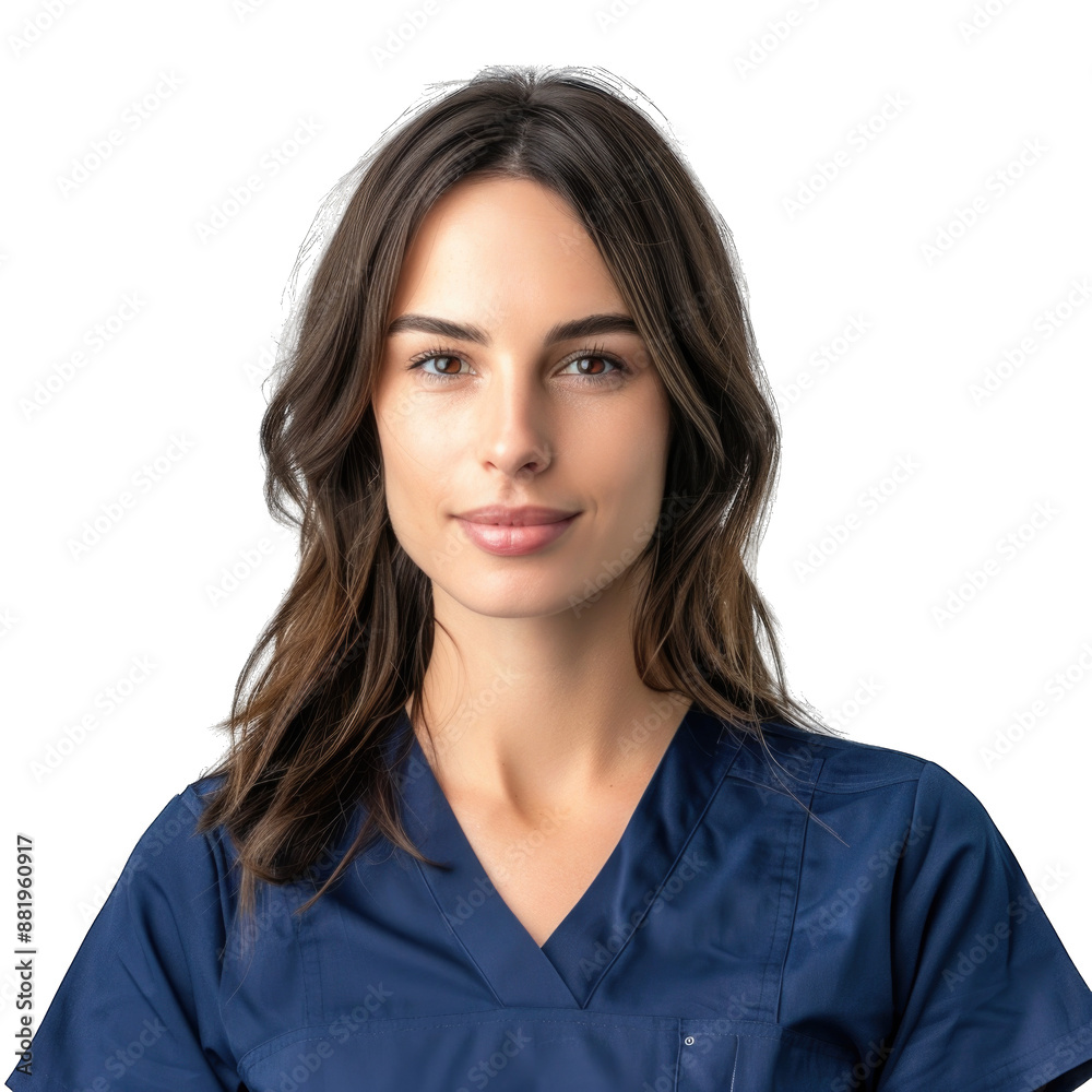 Female health care worker in a blue uniform smiling at camera. Transparent background or PNG file. Female health care worker in a blue uniform smiling at camera. Transparent background or PNG file.