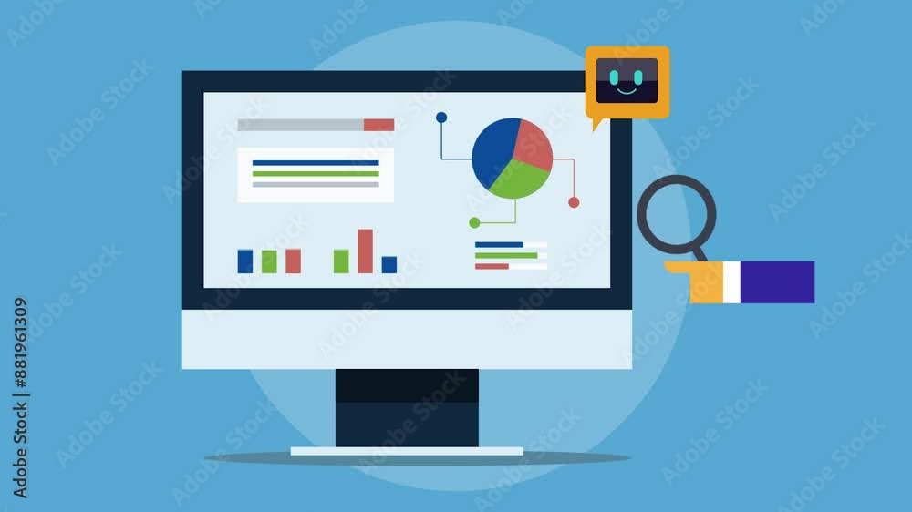 Virtual AI assistant manages data and display financial report on screen, business intelligence technology video animation. Virtual AI assistant manages data and display financial report on screen, business intelligence technology video animation.