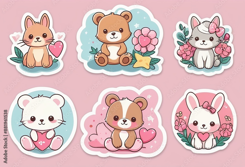 Obraz premium Pastel Animal Stickers with White Borders | Modern Flat Style Vector Illustration