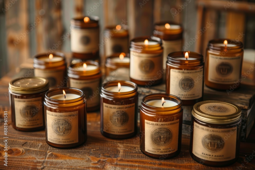 Handmade Soy Candles in Glass Jars on Rustic Wooden Table for Gift and Home Decor Handmade Soy Candles in Glass Jars on Rustic Wooden Table for Gift and Home Decor