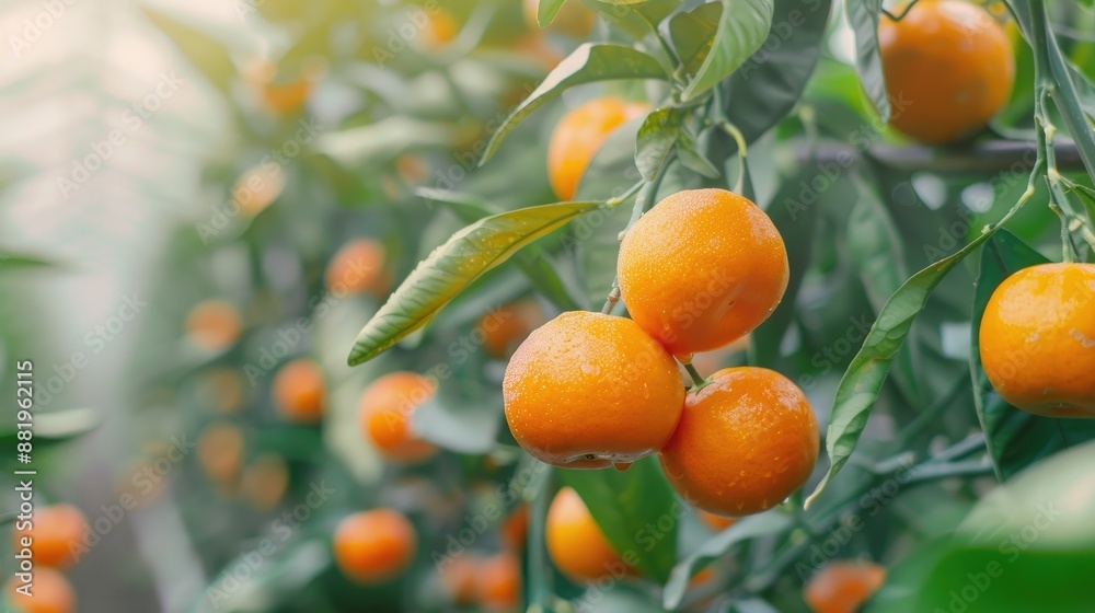 Ripe tangerines in greenhouse with text space Ripe tangerines in greenhouse with text space