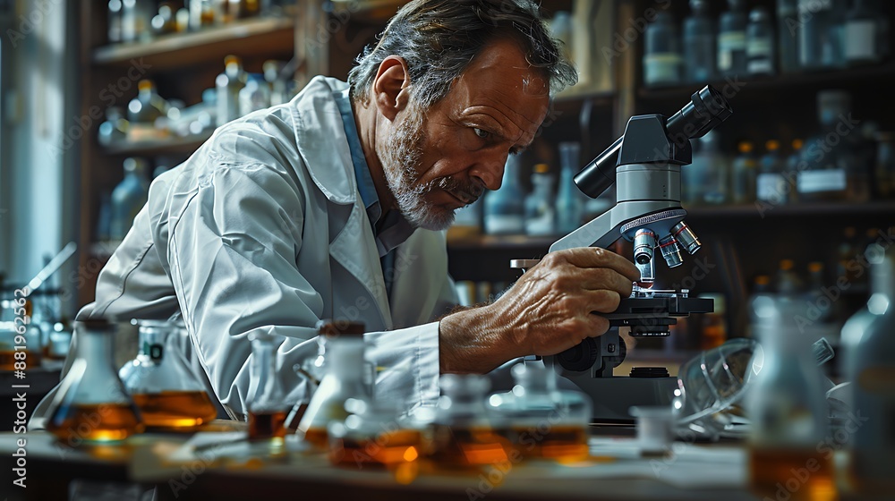 Scientist look into microscope while making medical test in science laboratory Scientist look into microscope while making medical test in science laboratory