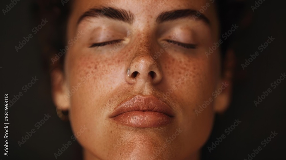 Obraz premium Close-up portrait of a woman's face with freckles and closed eyes.