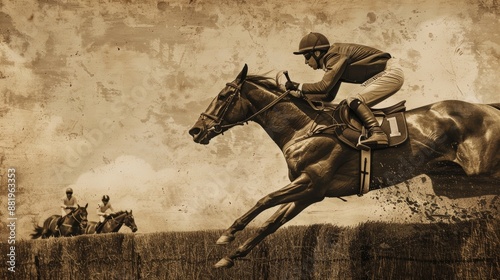 Vintage Steeplechase Banner with Sepia Tones and Classic Horse Racing Typography