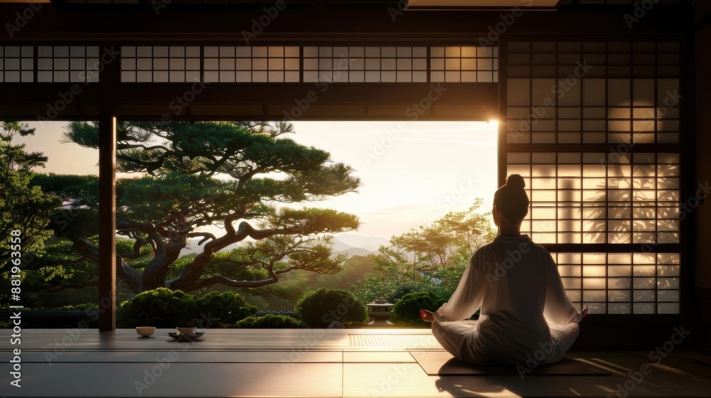 Woman meditates in a Japanese tea room with a view of a serene garden and sunrise. Woman meditates in a Japanese tea room with a view of a serene garden and sunrise.