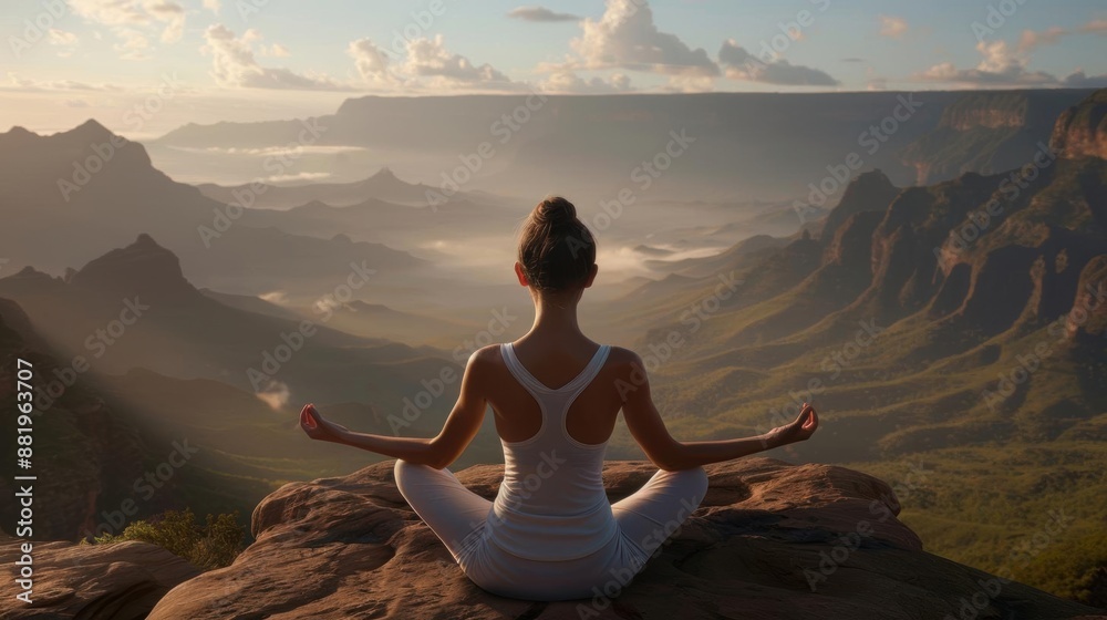 A woman in a seated forward bend pose on a cliff, Realistic, Earthy hues, Natural light, Capturing the expansive view and serenity A woman in a seated forward bend pose on a cliff, Realistic, Earthy hues, Natural light, Capturing the expansive view and serenity