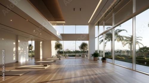 Wallpaper Mural A yoga class in a modern glasswalled studio, Realistic, Clean lines, Natural light, Emphasizing urban wellness Torontodigital.ca