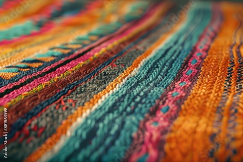 Close-up of colorful blanket on bed