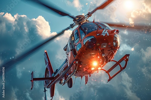 A red and white medical helicopter flies through the sky with a bright, blue sky and white clouds in the background. Generative AI