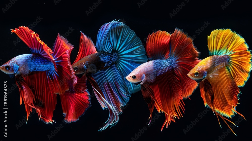 Fototapeta premium Halfmoon fighting fish, crowntail fish, halfmoon fish, dumbo fish, HM and veil fish from Thailand. In different colors and styles, Siamese fighting fish