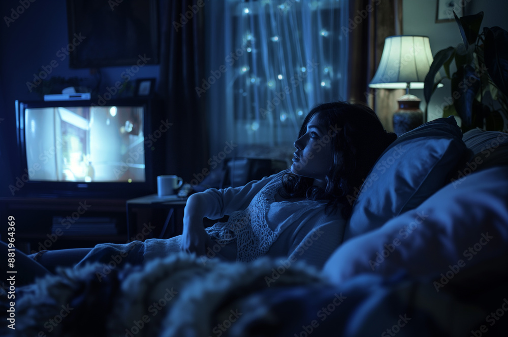 暗闇でくつろいでテレビを見る女性 暗闇でくつろいでテレビを見る女性