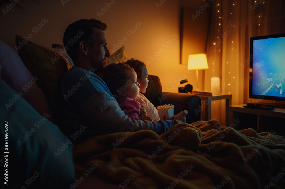 暗闇でくつろいでテレビを見る家族 暗闇でくつろいでテレビを見る家族