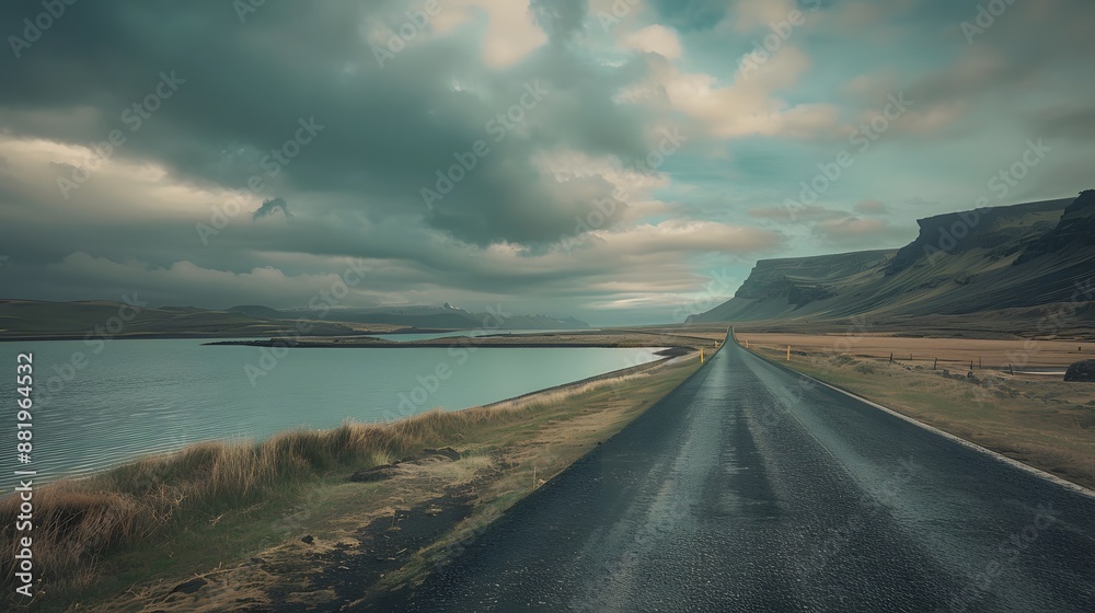 Diminishing perspective of asphalt empty roadway with road markings passing through scenic lake against sky in iceland. Diminishing perspective of asphalt empty roadway with road markings passing through scenic lake against sky in iceland.