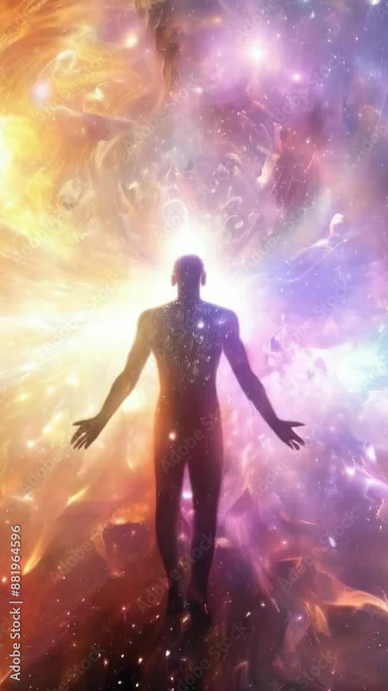 silhuette of a man spirit on galaxy space background, colorful energy flow, 4k 9x16 vertical new quality colorful stock video footage wallpaper AI silhuette of a man spirit on galaxy space background, colorful energy flow, 4k 9x16 vertical new quality colorful stock video footage wallpaper AI