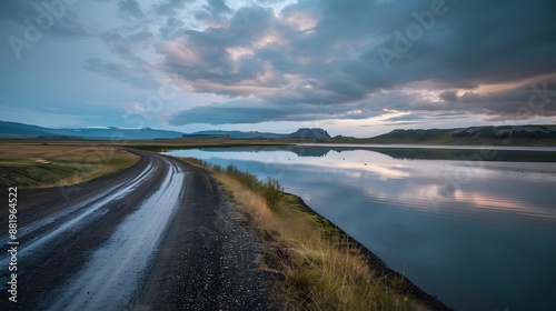 Diminishing perspective of asphalt empty roadway with road markings passing through scenic lake against sky in iceland.  photo