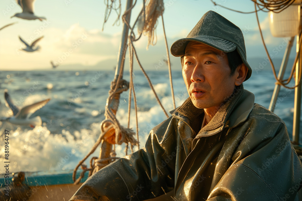 Obraz premium 早朝に漁を行う漁師と飛び交うカモメ