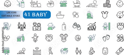 Set of 41 outline icons related to kids.
