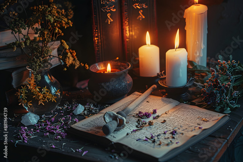 Wiccan witch altar prepared for casting a spell with an open Book of Shadows and pestle and mortar. Old spell books, crystals, burning lit candles, dried flowers in dark night background
