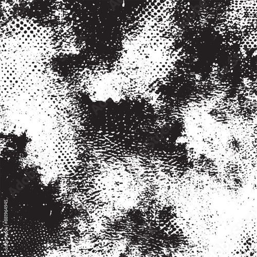 A black and white grunge texture template, characterized by a dark overlay of messy dust. The distressed background is abstract, dotted, and scratched, offering a vintage noise grain effect