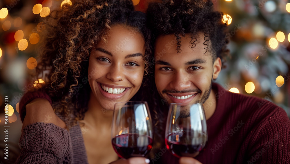 A couple on a romantic dinner date, toasting with wine glasses, smiling, against a solid burgundy background