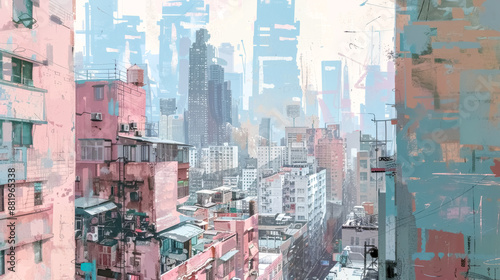 Abstract cityscape painting showing dense urban environment